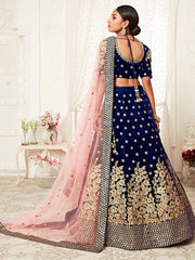 Navy Blue Thread Embroidered Bridal Lehenga Choli