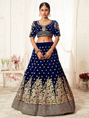 Navy Blue Thread Embroidered Bridal Lehenga Choli