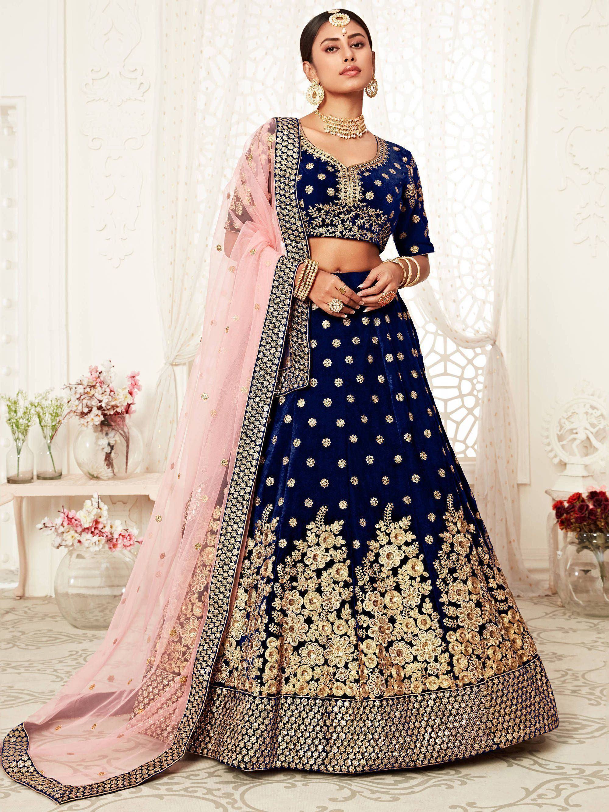 Royal blue velvet lehenga choli with gold floral embroidery and pink dupatta, Indian ethnic wear