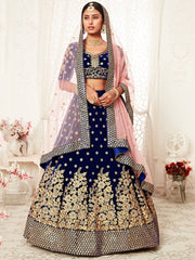 Navy Blue Thread Embroidered Bridal Lehenga Choli