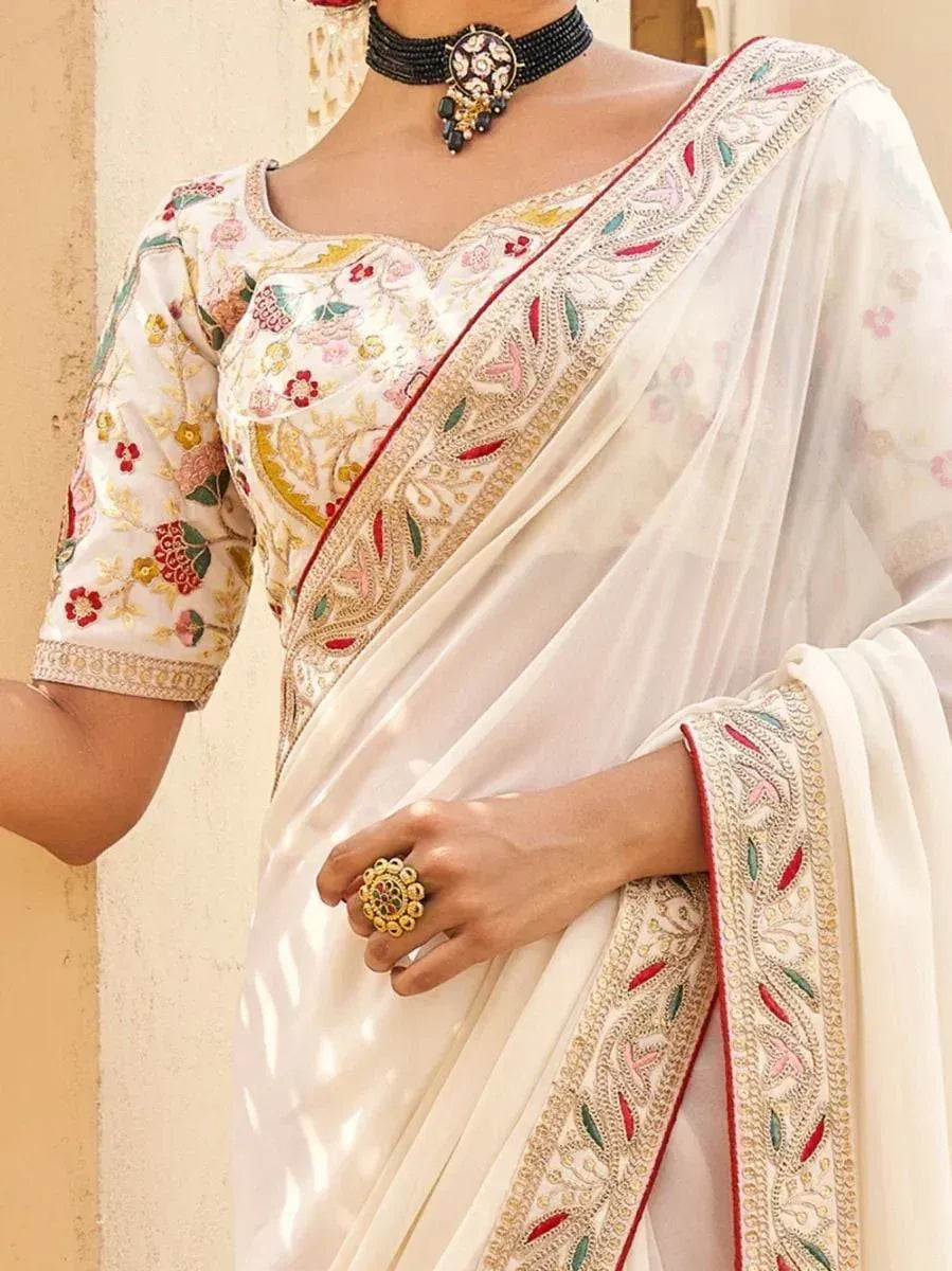 White embroidered saree with floral blouse, perfect for Indian ethnic wear occasions