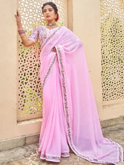 Incredible Baby Pink Fancy Embroidery Georgette Saree With Blouse