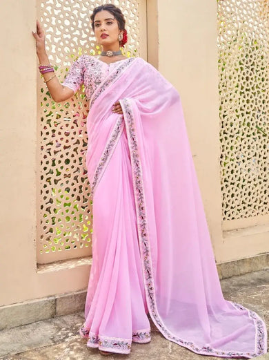 Incredible Baby Pink Fancy Embroidery Georgette Saree With Blouse