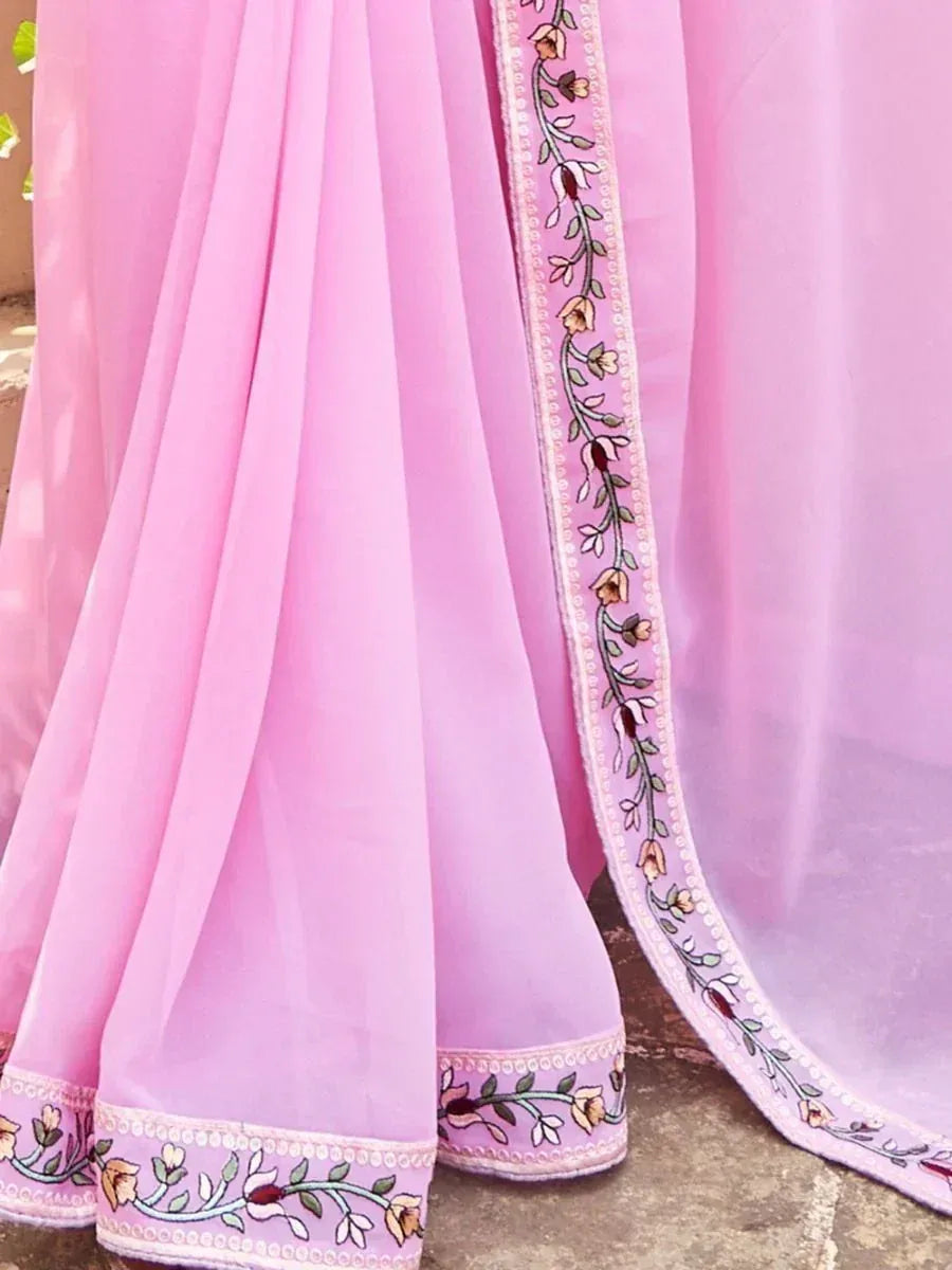 Incredible Baby Pink Fancy Embroidery Georgette Saree With Blouse