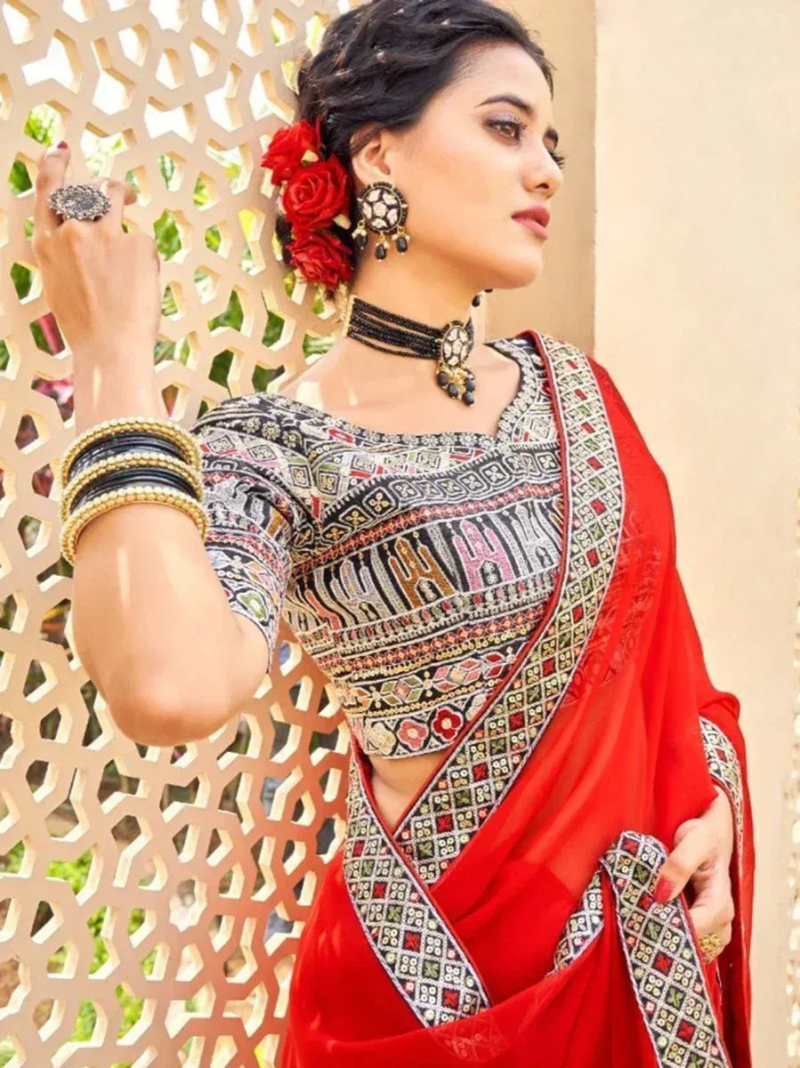 Marvelous Red Fancy Embroidery Georgette Party Wear Saree