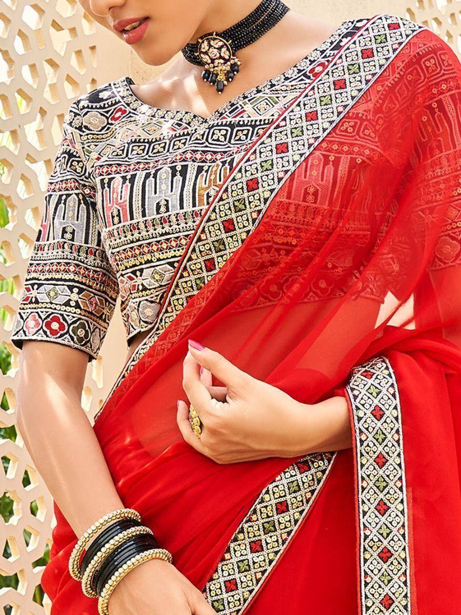 Marvelous Red Fancy Embroidery Georgette Party Wear Saree