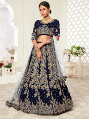 Navy Blue Embroidered Velvet Wedding Lehenga Choli