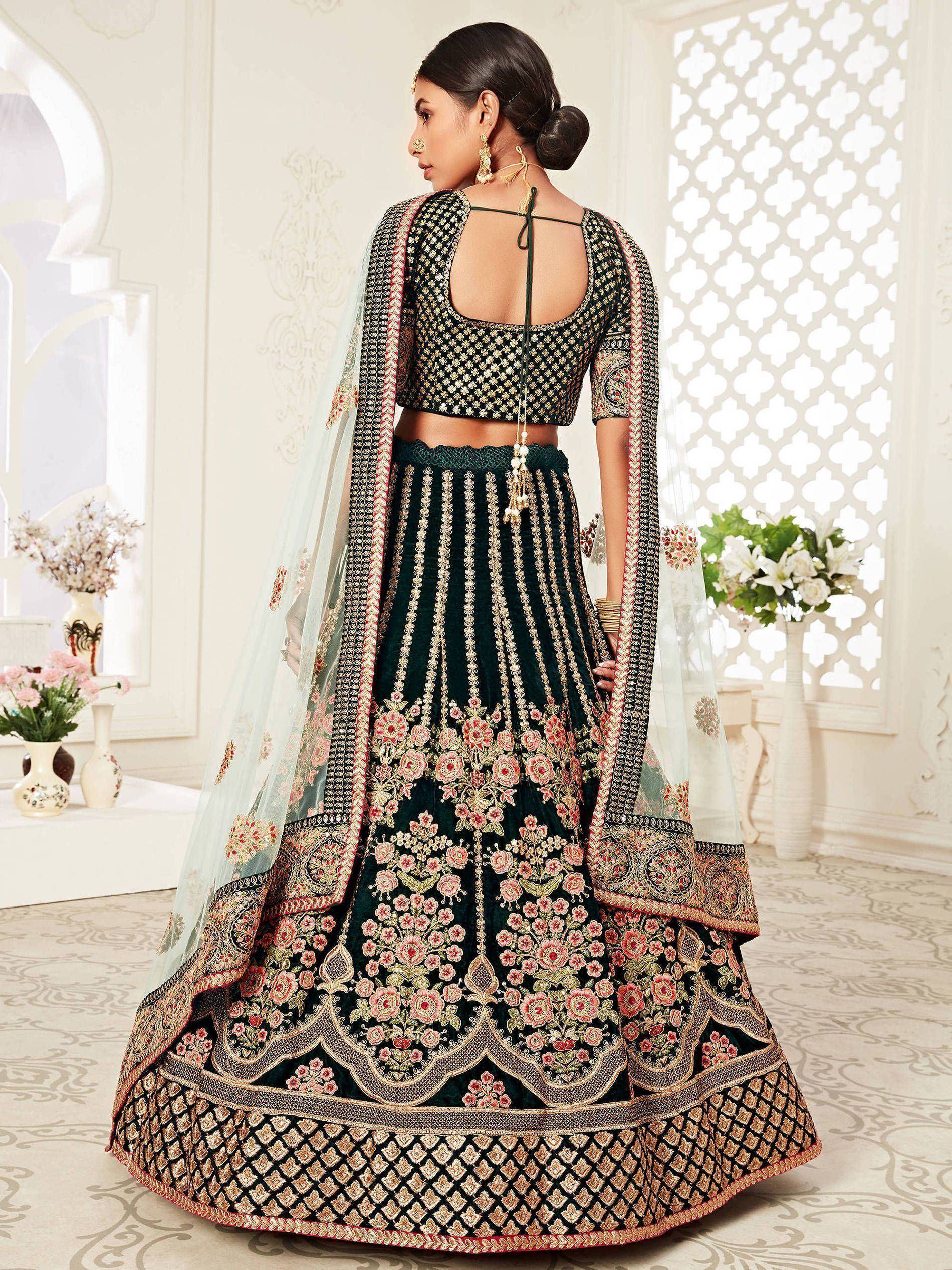 Elegant green lehenga choli with floral embroidery and sheer dupatta for Indian ethnic wear