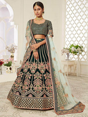 Green Floral Embroidered Velvet Bridal Lehenga Choli