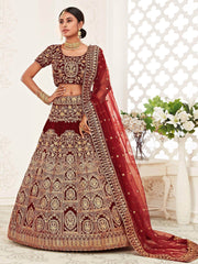 Red Heavy Embroidered Velvet Bridal Lehenga Choli