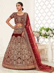 Red Heavy Embroidered Velvet Bridal Lehenga Choli
