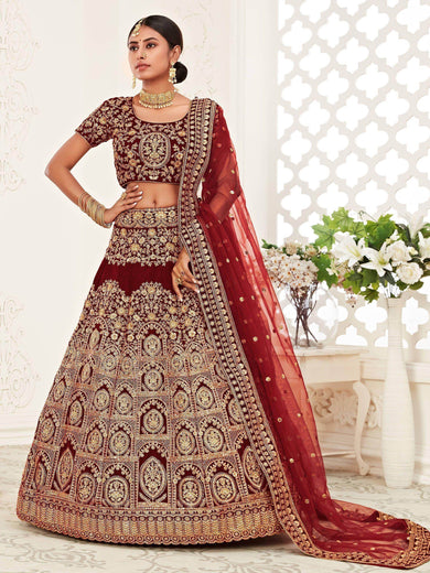 Red Heavy Embroidered Velvet Bridal Lehenga Choli