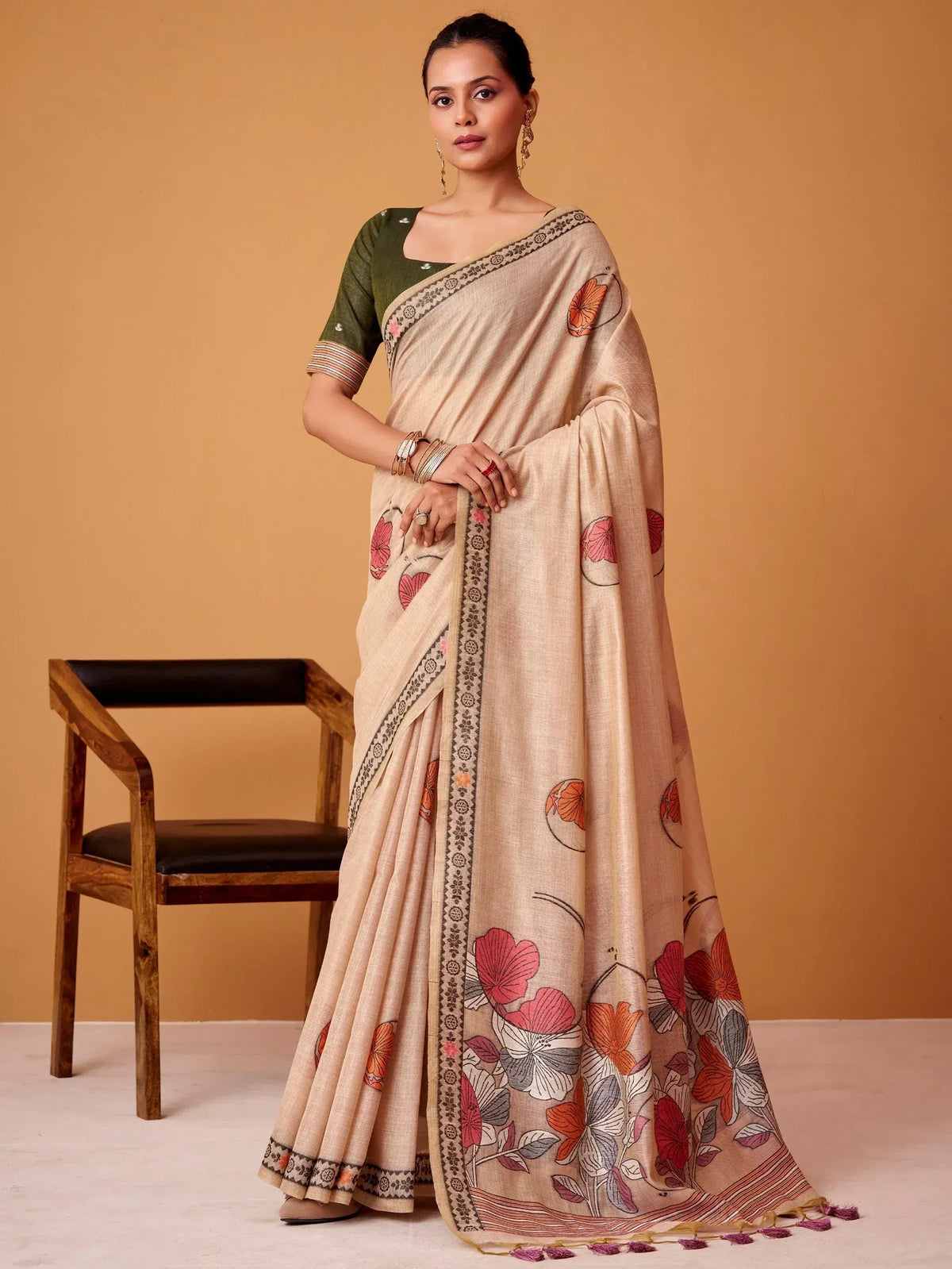 Beige floral printed saree with green blouse, ethnic Indian wear for women