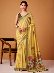 Amazing Yellow Floral Printed Cotton Office Wear Saree With Blouse