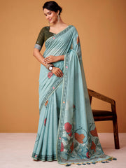 Charming Sky Blue Floral Printed Cotton Casual Wear Saree With Blouse