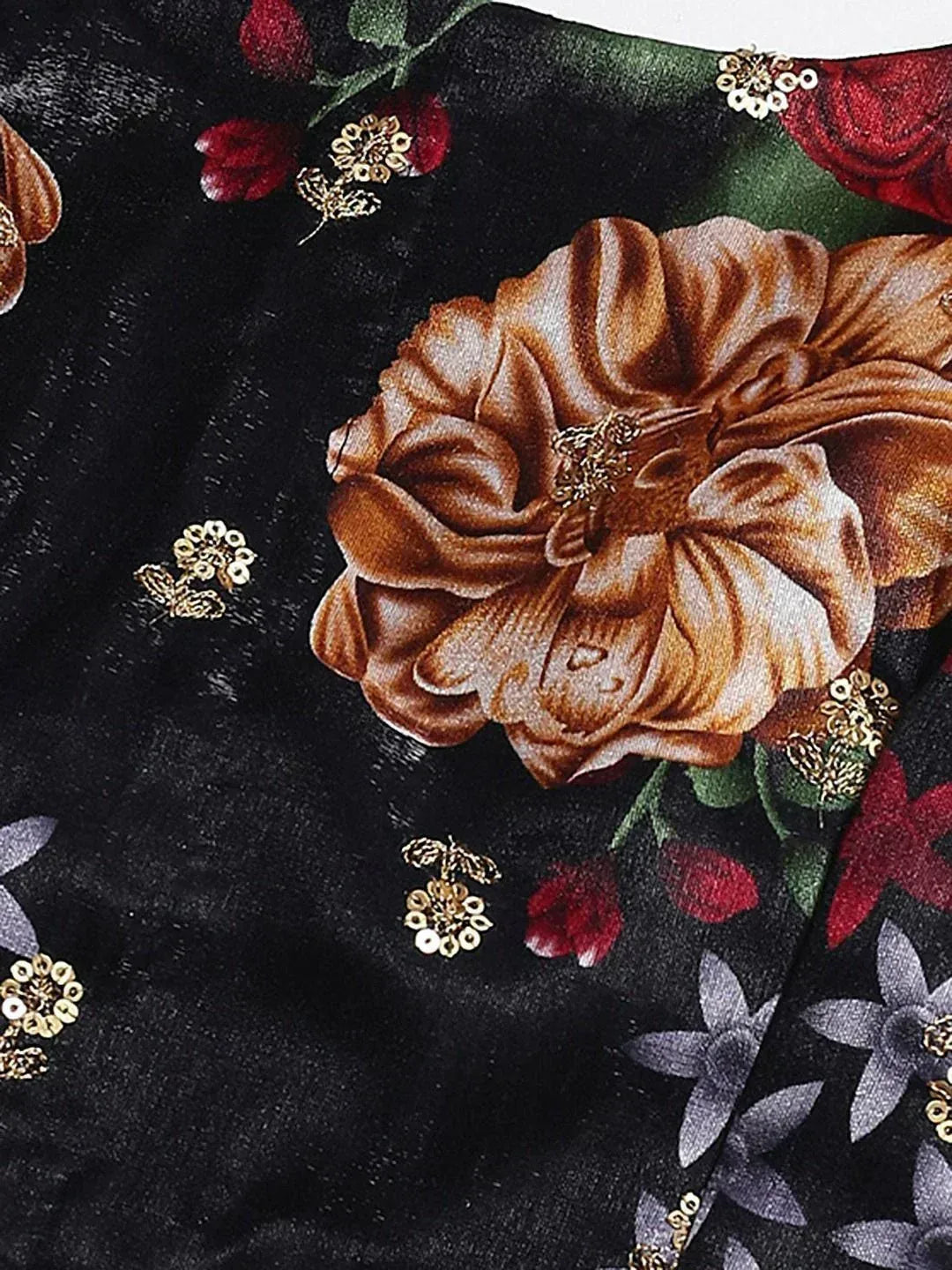 Black floral print ethnic gown with gold sequin embroidery and rose motifs
