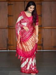Outstanding Pink And White Patola Printed Pure Gaji Silk Saree