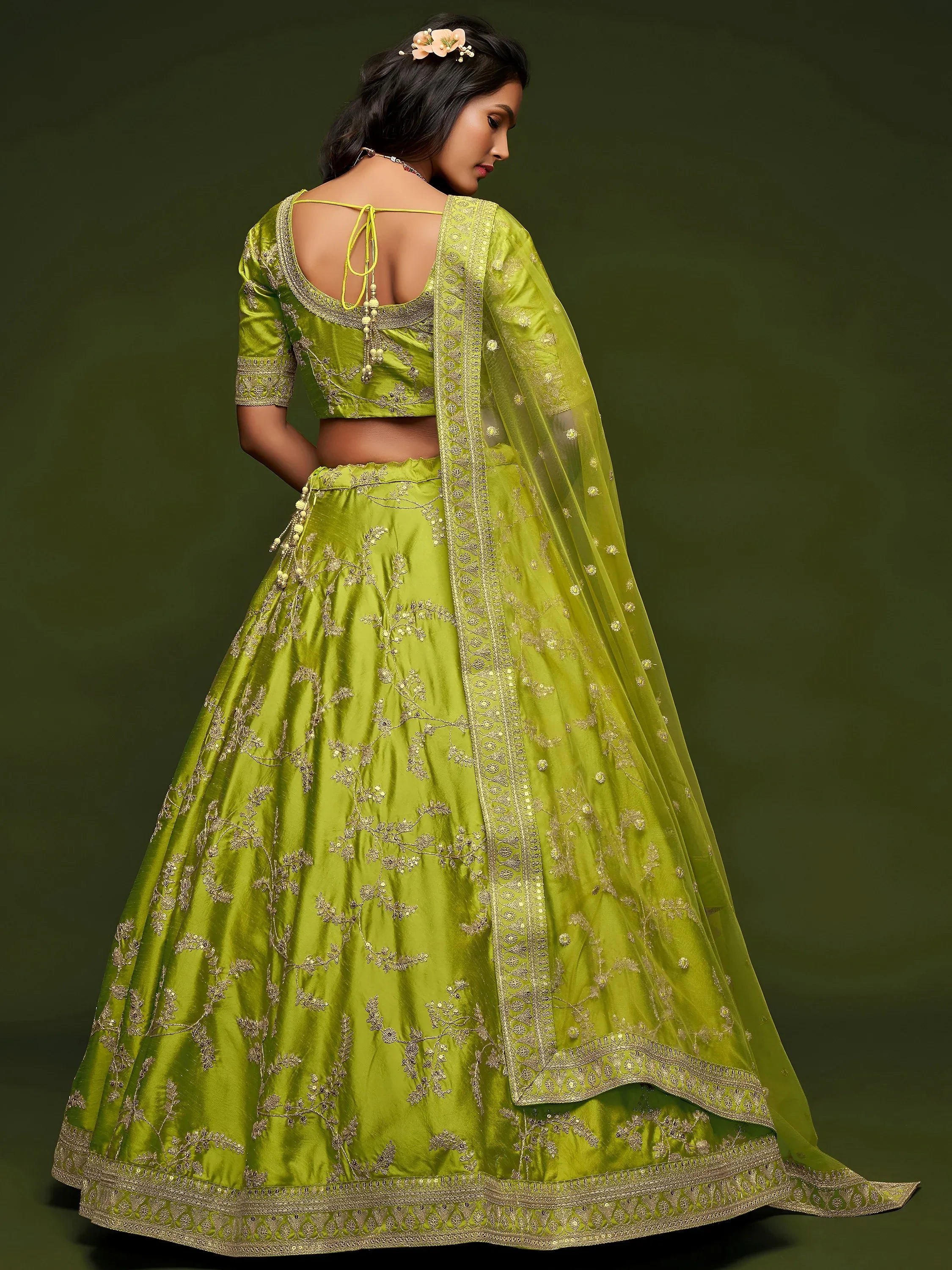 Neon Green Thread Embroidery Art Silk Wedding Wear Lehenga Choli