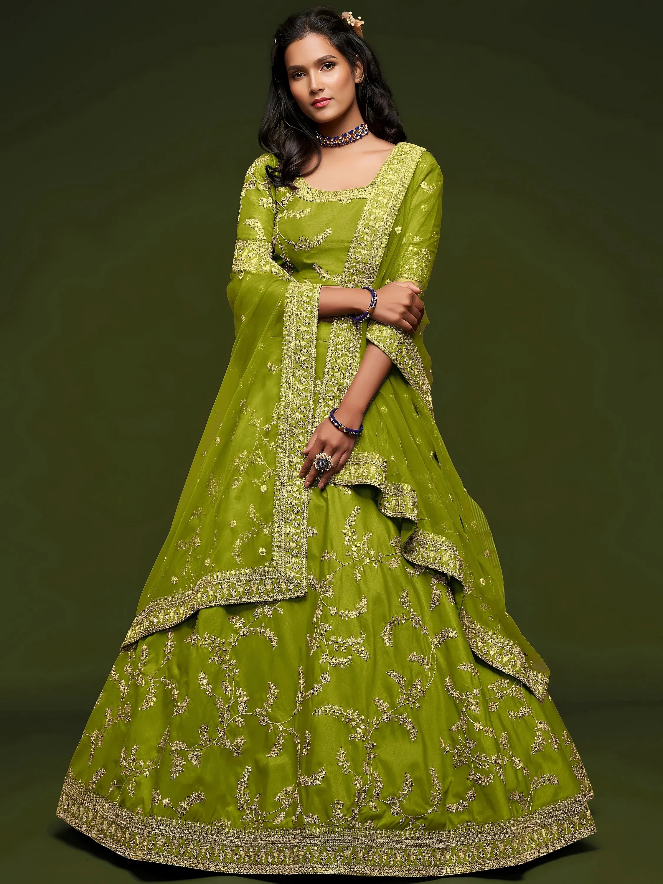 Neon Green Thread Embroidery Art Silk Wedding Wear Lehenga Choli