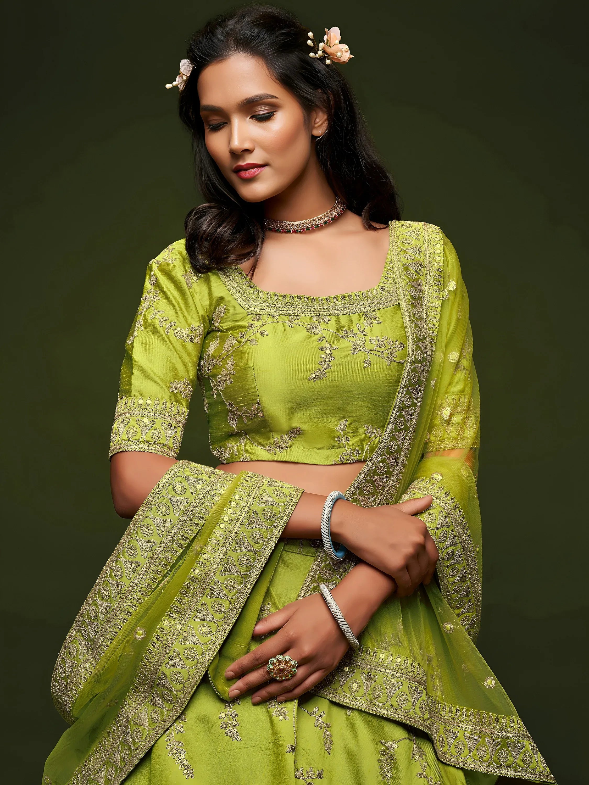 Neon Green Thread Embroidery Art Silk Wedding Wear Lehenga Choli