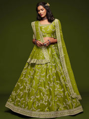 Neon Green Thread Embroidery Art Silk Wedding Wear Lehenga Choli