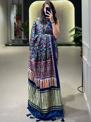 Astonishing Blue Digital Print Gajji Silk Marriage Wear Saree With Blouse