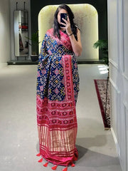 Spectacular Navy-Blue Patola Gajji silk Marriage Wear Saree With Blouse