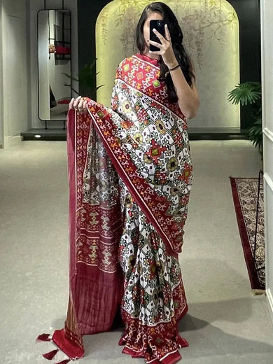 Wondrous White Patola Print Gajji Silk Marriage Wear Saree With Blouse