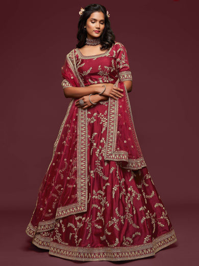 Maroon Thread Embroidery Art Silk Wedding Wear Lehenga Choli
