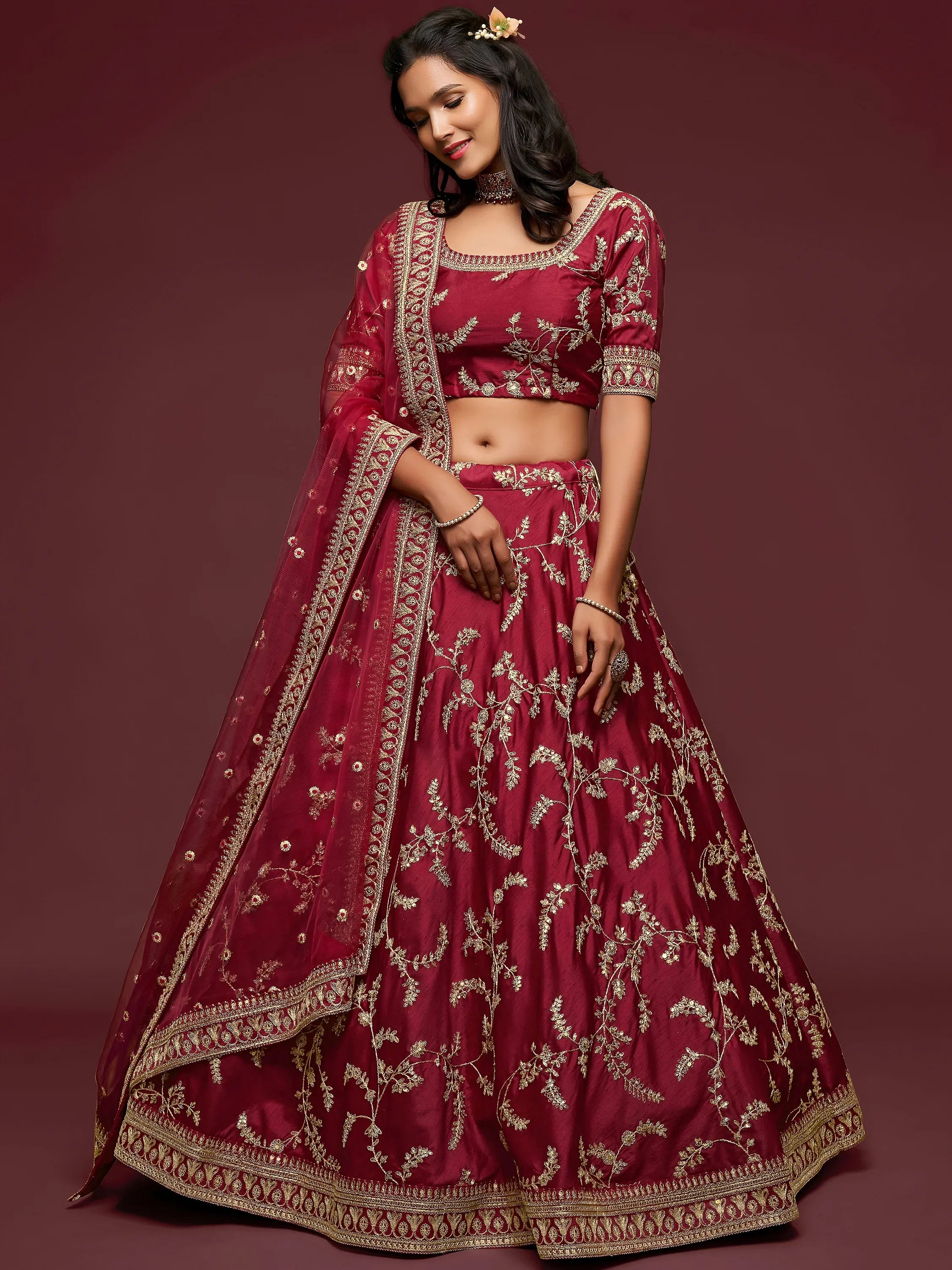 Maroon Thread Embroidery Art Silk Wedding Wear Lehenga Choli
