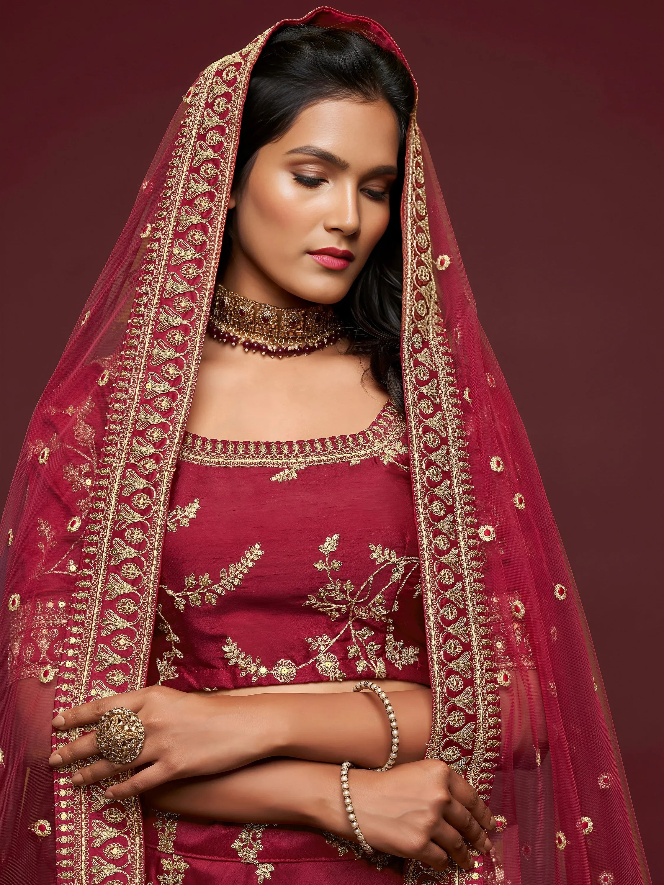 Maroon Thread Embroidery Art Silk Wedding Wear Lehenga Choli