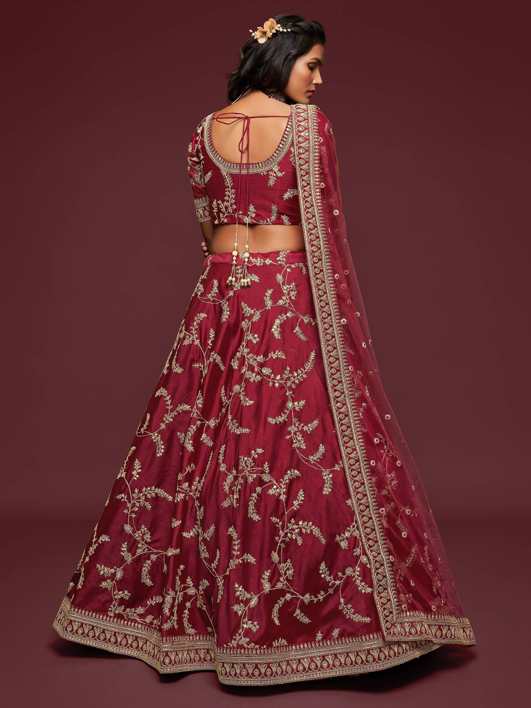 Maroon Thread Embroidery Art Silk Wedding Wear Lehenga Choli