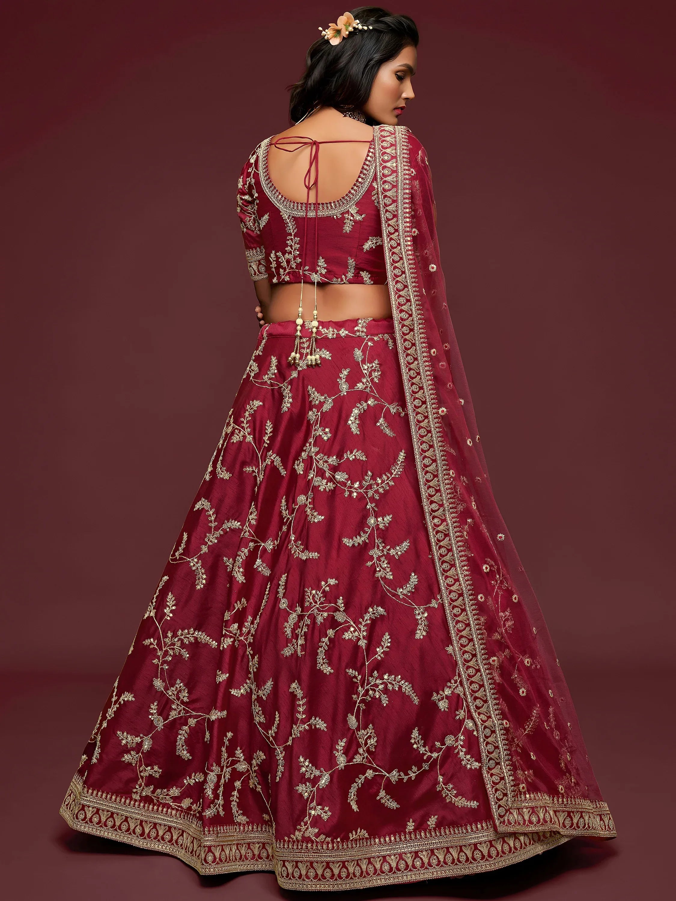 Maroon Thread Embroidery Art Silk Wedding Wear Lehenga Choli