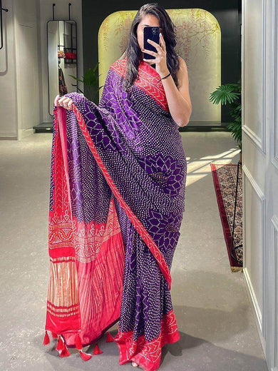 Charming Purple Bandhani Print Gajji Silk Festival Saree With Blouse