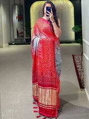 Exquisite Red Bandhani Print Gajji Silk Marriage Wear Saree With Blouse