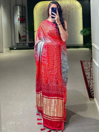 Exquisite Red Bandhani Print Gajji Silk Marriage Wear Saree With Blouse