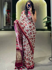 Adorable White Patola Print Gajji Silk Marriage Wear Saree With Blouse