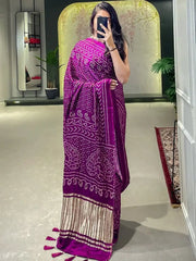 Appealing Wine Bandhani Print Gajji Silk Wedding Wear Saree With Blouse