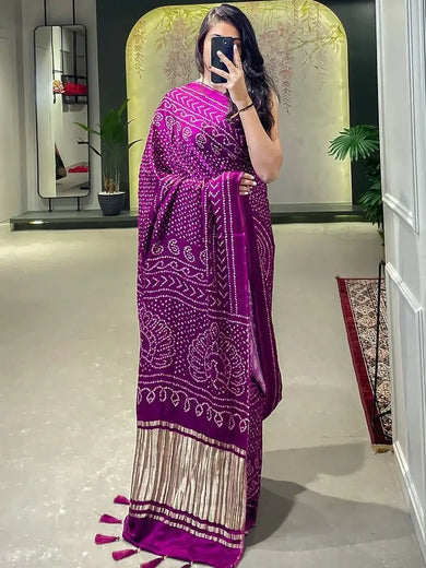 Appealing Wine Bandhani Print Gajji Silk Wedding Wear Saree With Blouse