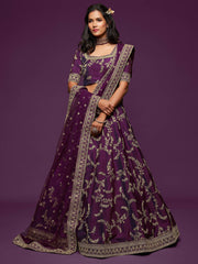 Purple Thread Embroidery Art Silk Wedding Wear Lehenga Choli