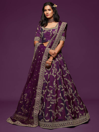 Purple Thread Embroidery Art Silk Wedding Wear Lehenga Choli
