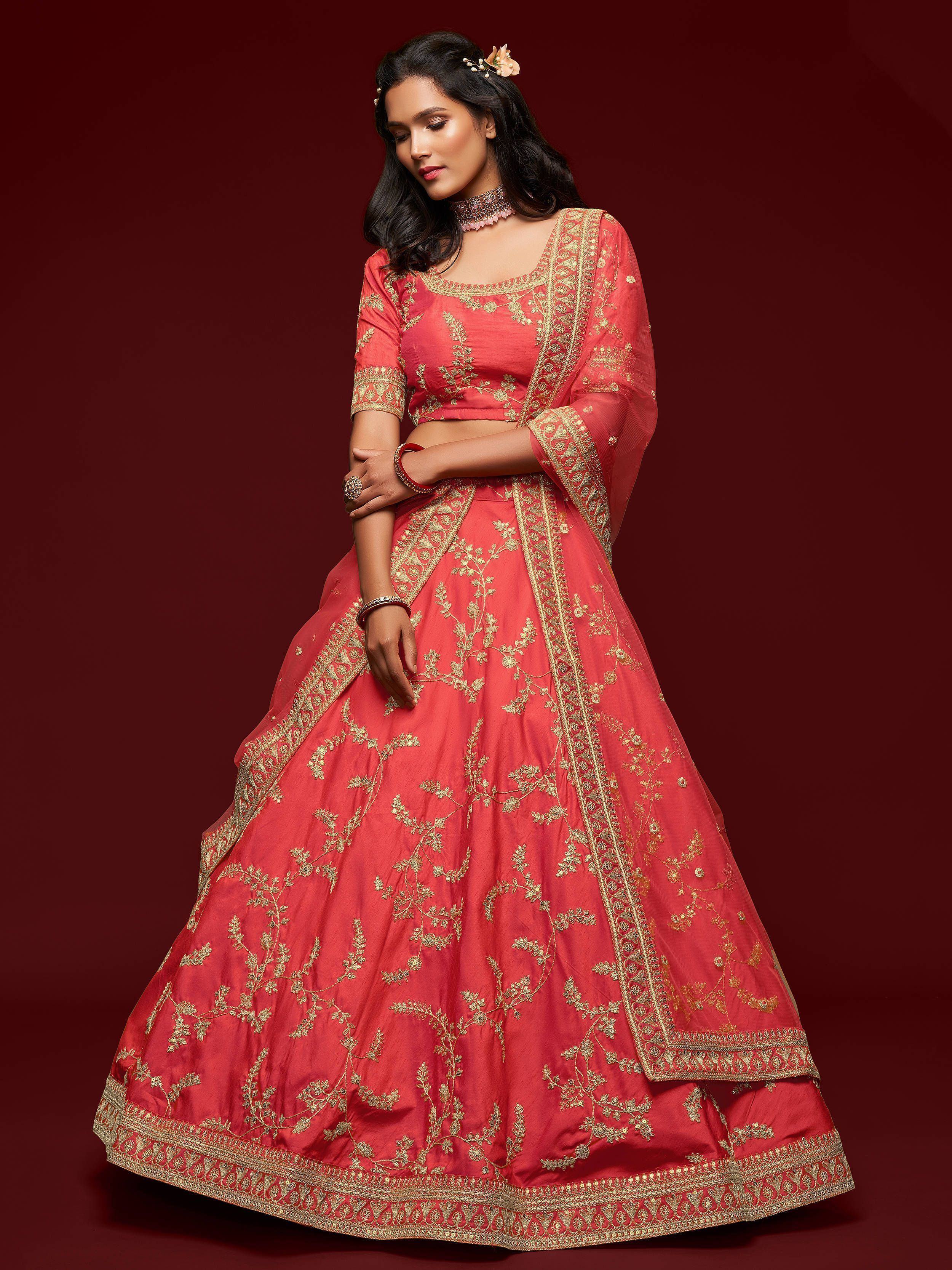 Coral Red Thread Embroidery Art Silk Wedding Wear Lehenga Choli