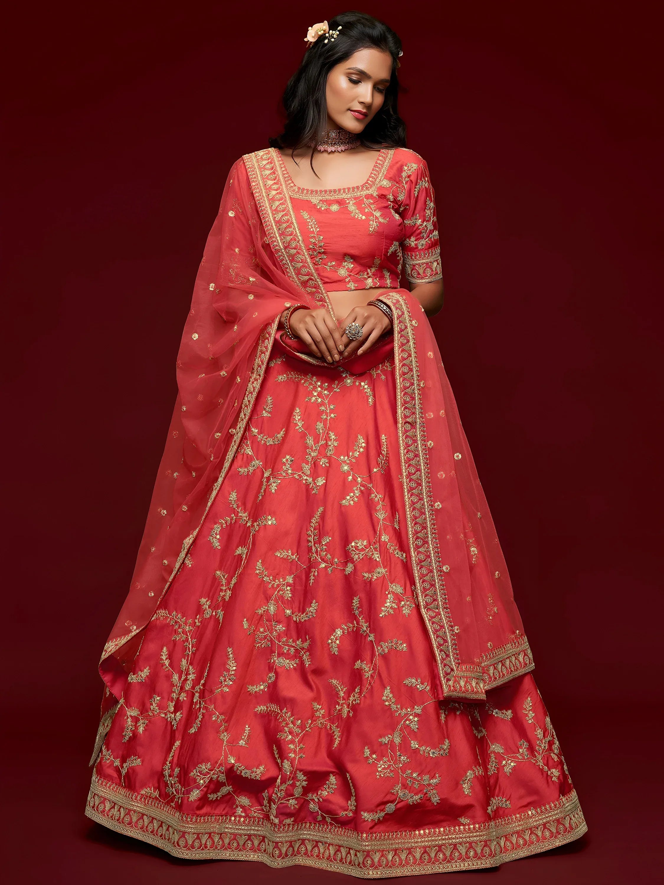 Coral Red Thread Embroidery Art Silk Wedding Wear Lehenga Choli