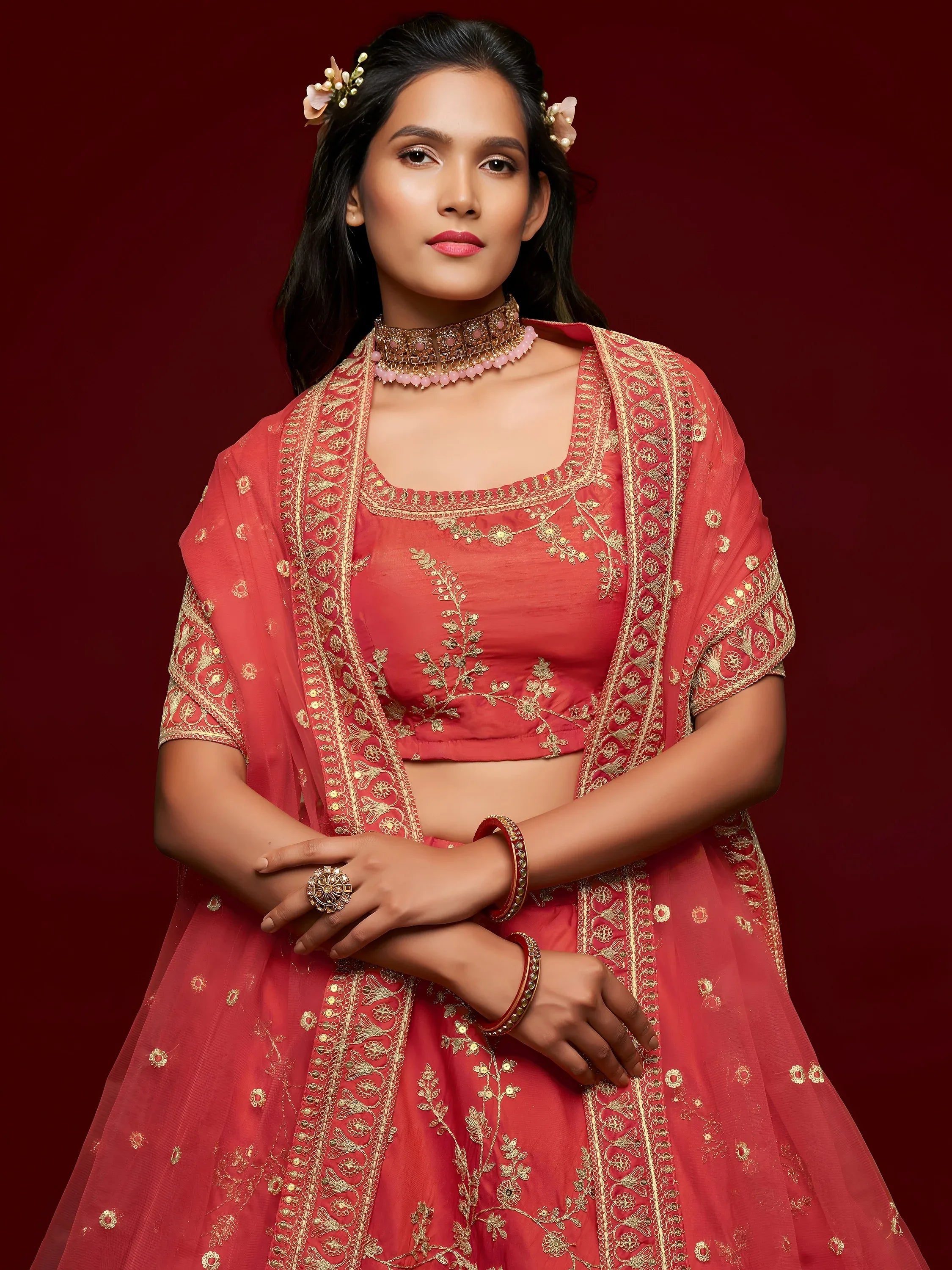 Coral Red Thread Embroidery Art Silk Wedding Wear Lehenga Choli