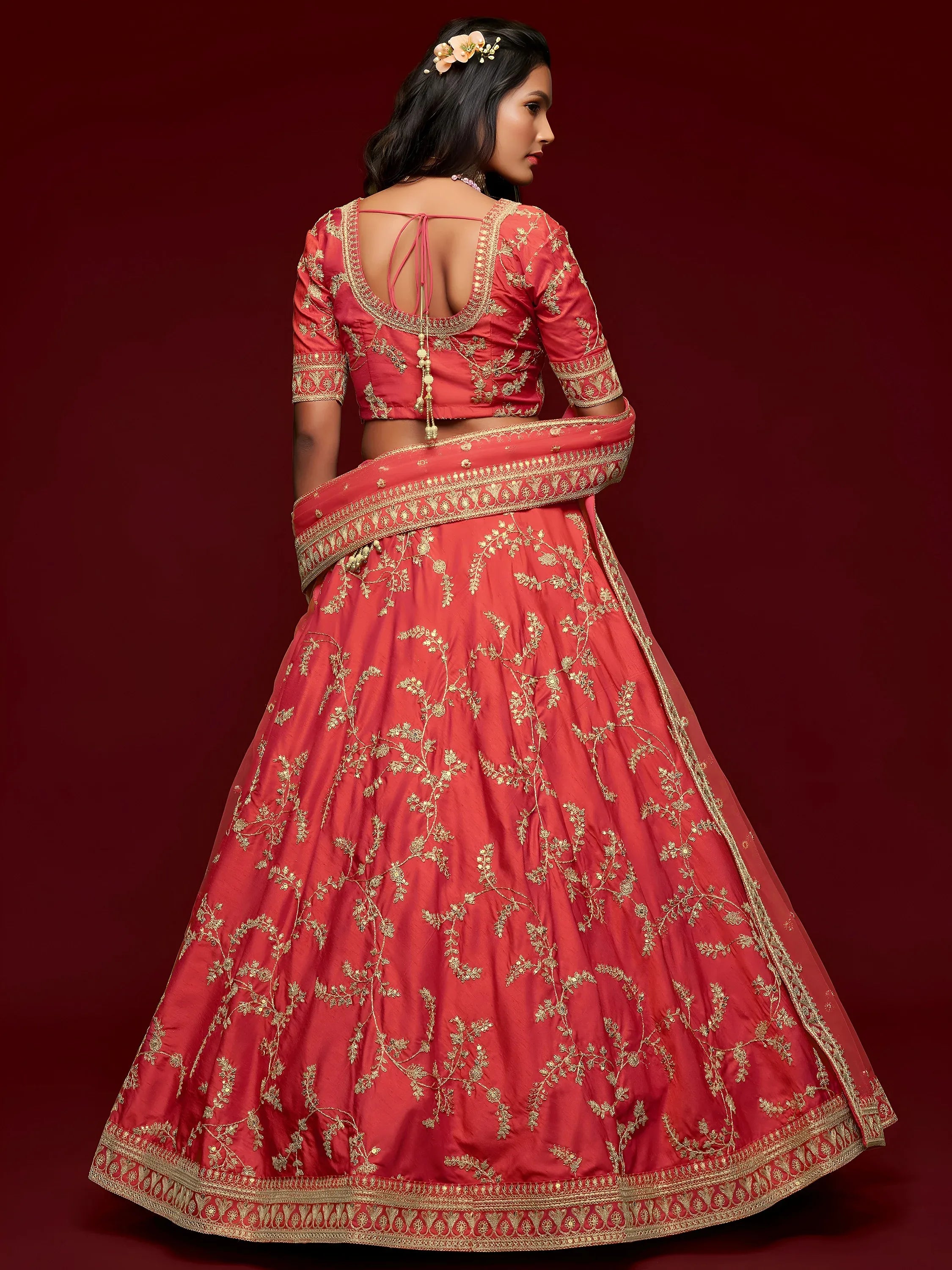 Coral Red Thread Embroidery Art Silk Wedding Wear Lehenga Choli