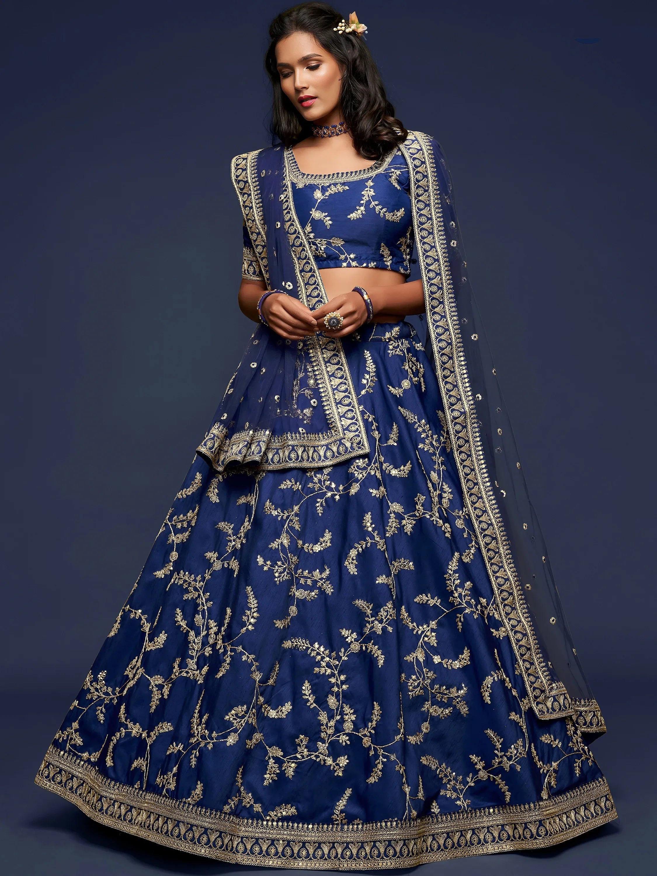 Glowing Blue Embroidered Silk Engagement Wear Plus Size Lehenga Choli