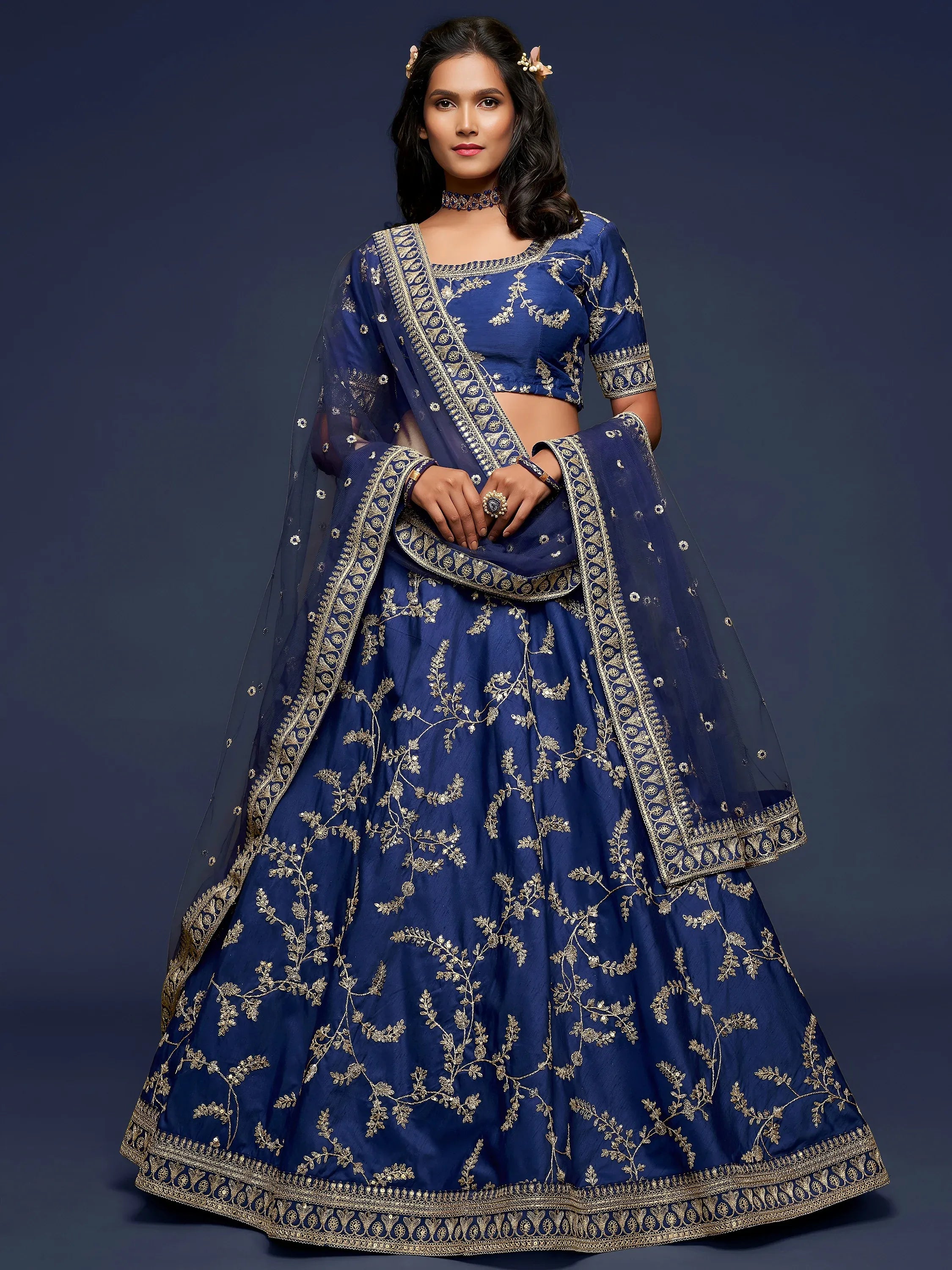 Glowing Blue Embroidered Silk Engagement Wear Plus Size Lehenga Choli