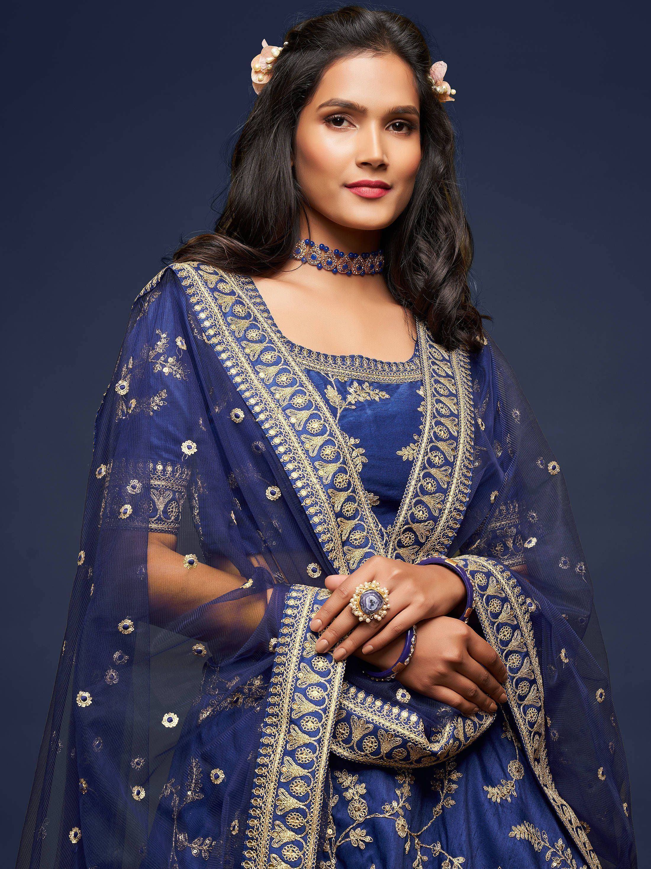 Blue Thread Embroidery Art Silk Wedding Wear Lehenga Choli