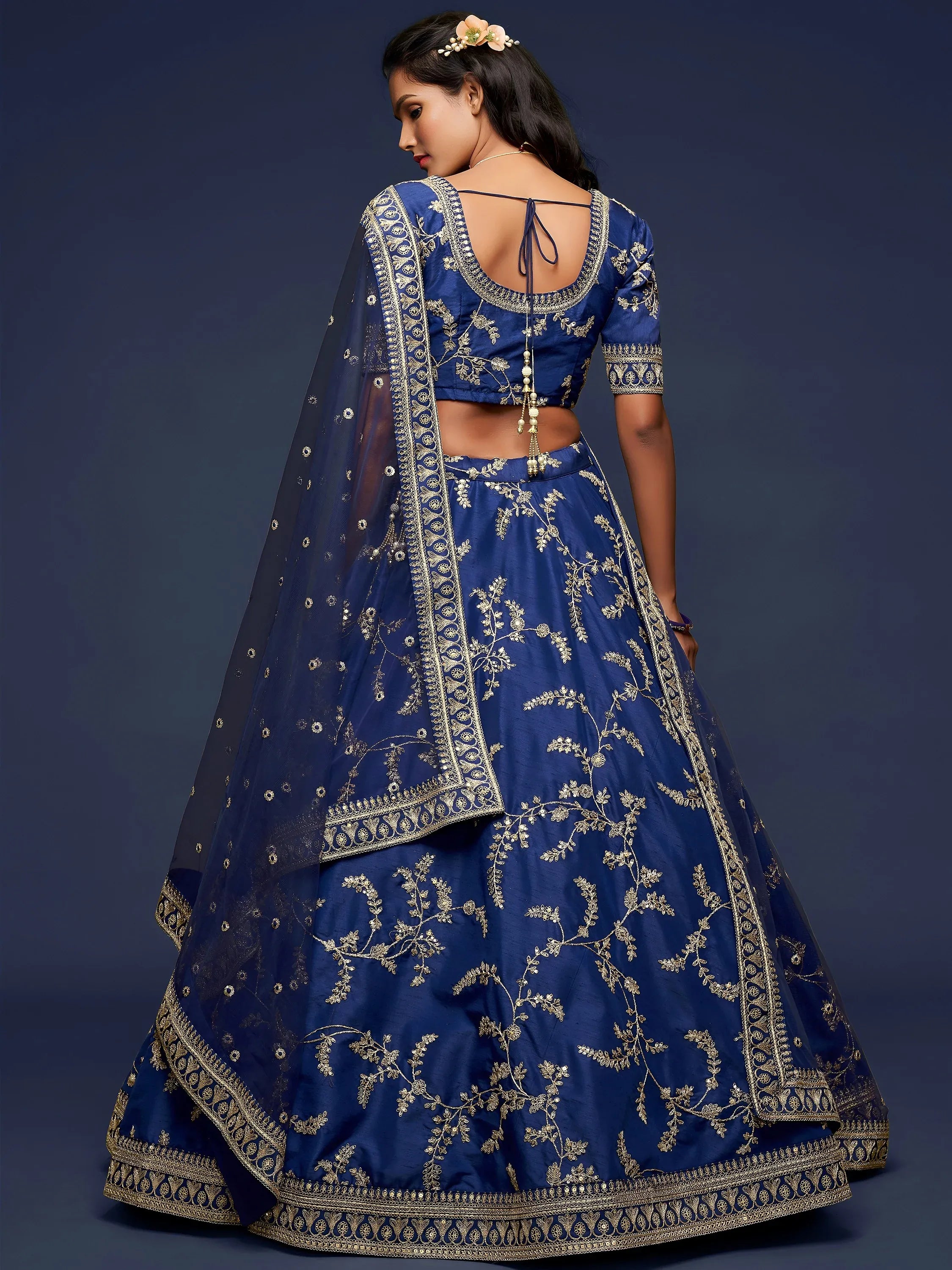 Blue Thread Embroidery Art Silk Wedding Wear Lehenga Choli