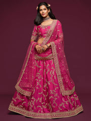 Pink Thread Embroidery Art Silk Wedding Wear Lehenga Choli